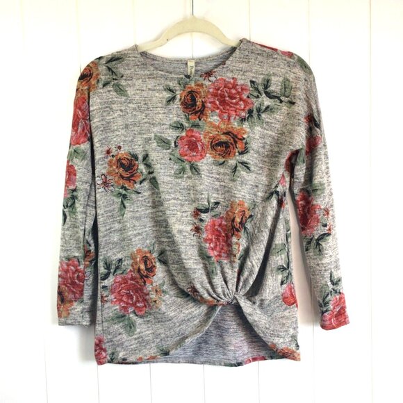 Pomelo Boutique Sweater size Small Gray marled Floral Print twist Knot front - Picture 1 of 6